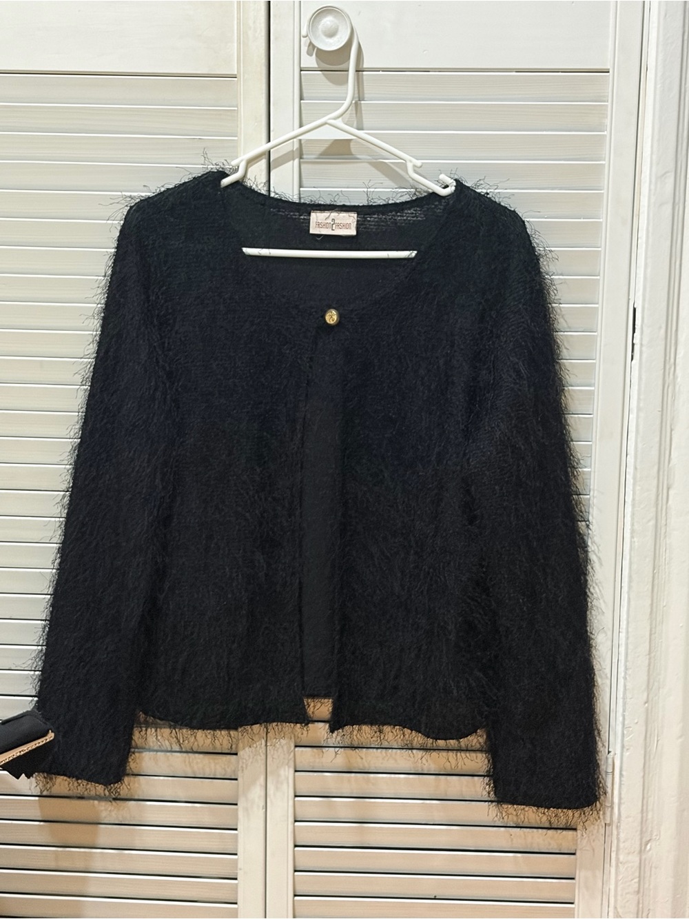 Women’s Black Fuzzy Single-Button Cardigan Sweater